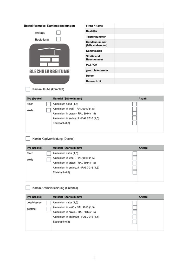 Scherwat Bestellformular Kaminhauben Vorschau