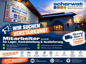 Jobangebot Mitarbeiter für Lager, Kantabteilung und Auslieferung im Bedachungsfachhandel Scherwat in Gevelsberg